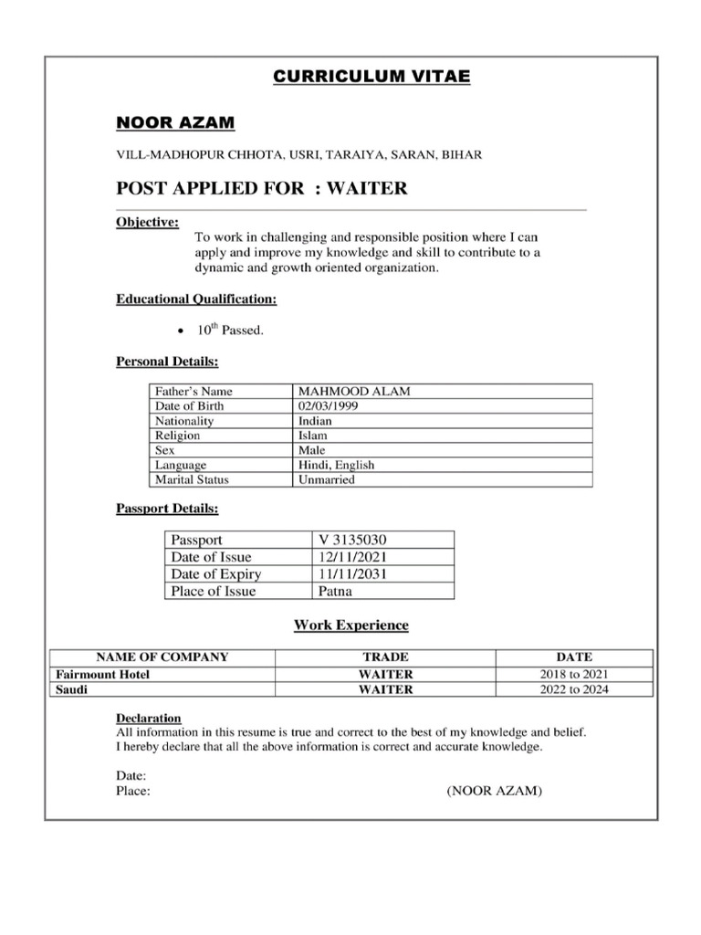 Noor Azam (Waiter) | PDF