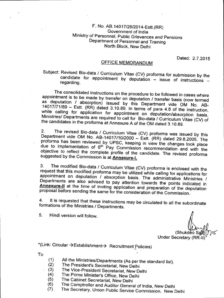 Revised CV Proforma for Deputation Applications | PDF | Government