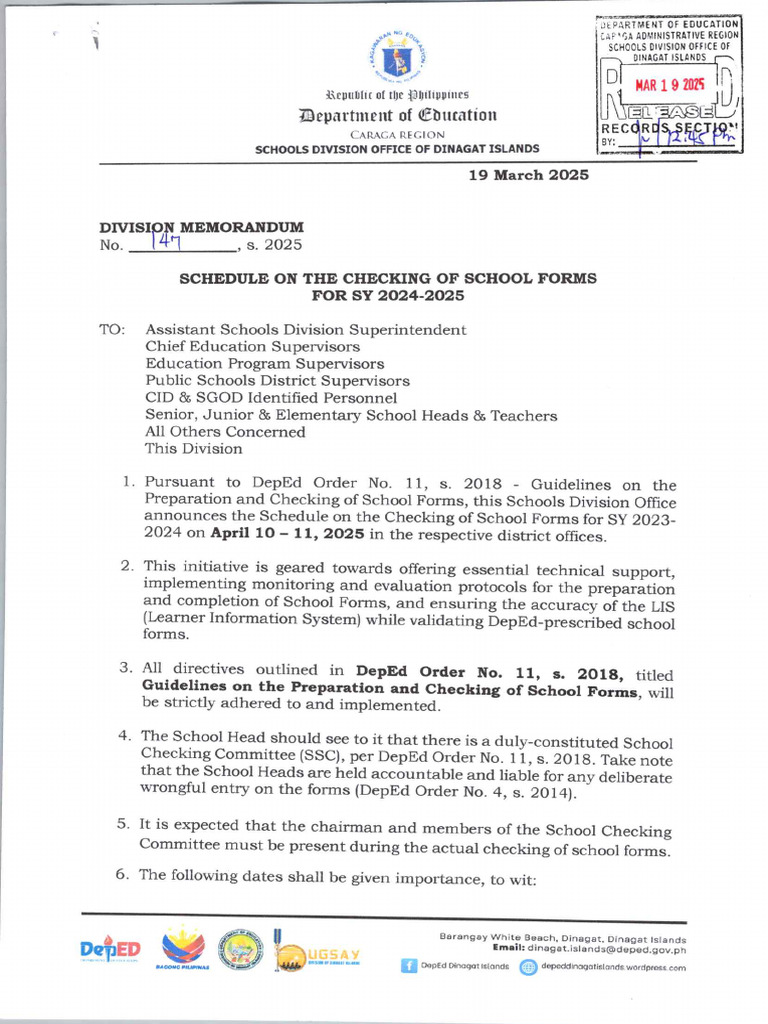 Schedule for Checking School Forms 2025 | PDF