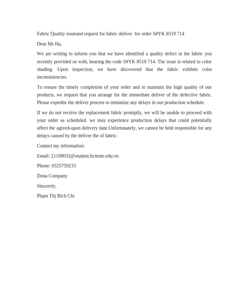 Fabric Quality Issue for Order S#YK 8519 714 | PDF