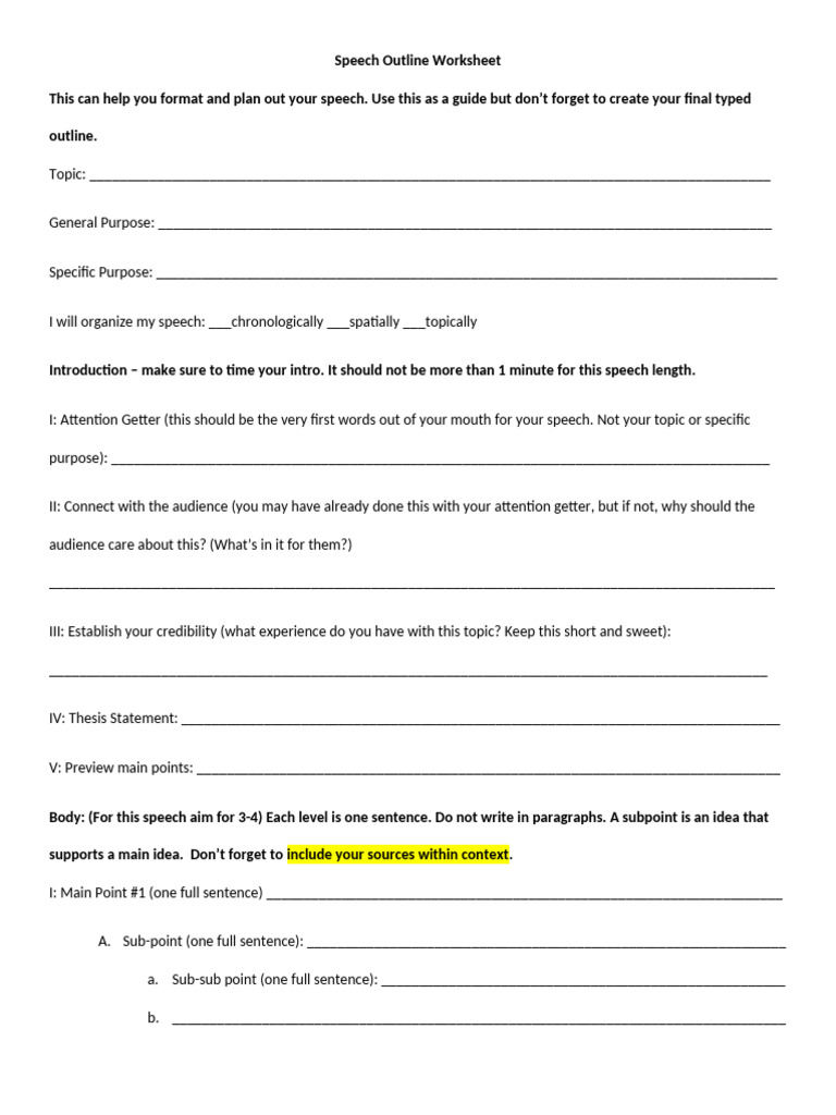 Speech Outline Planning Worksheet | PDF | Human Communication