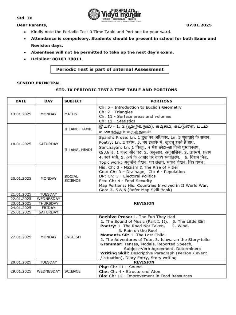 Std IX Periodic Test 3 Schedule & Portions | PDF