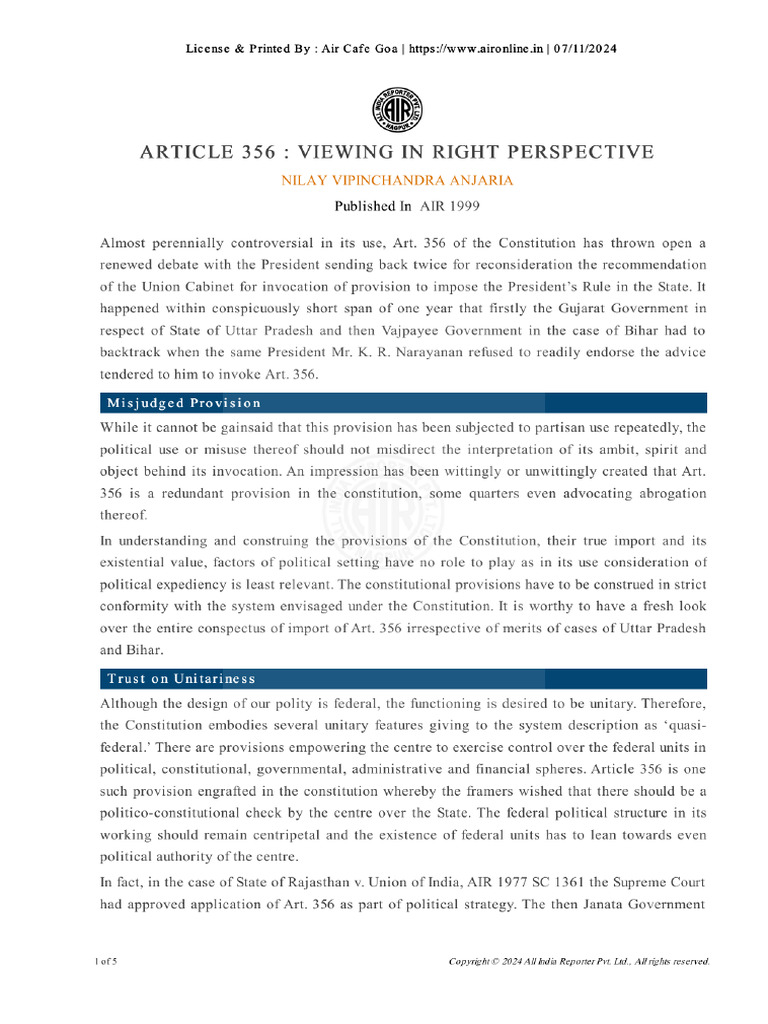 Article 356 - Viewing in Right Perspective | PDF