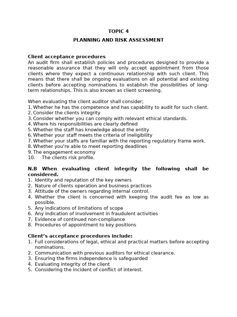 Client Acceptance and Risk Assessment Guide | PDF | Audit | Internal ...