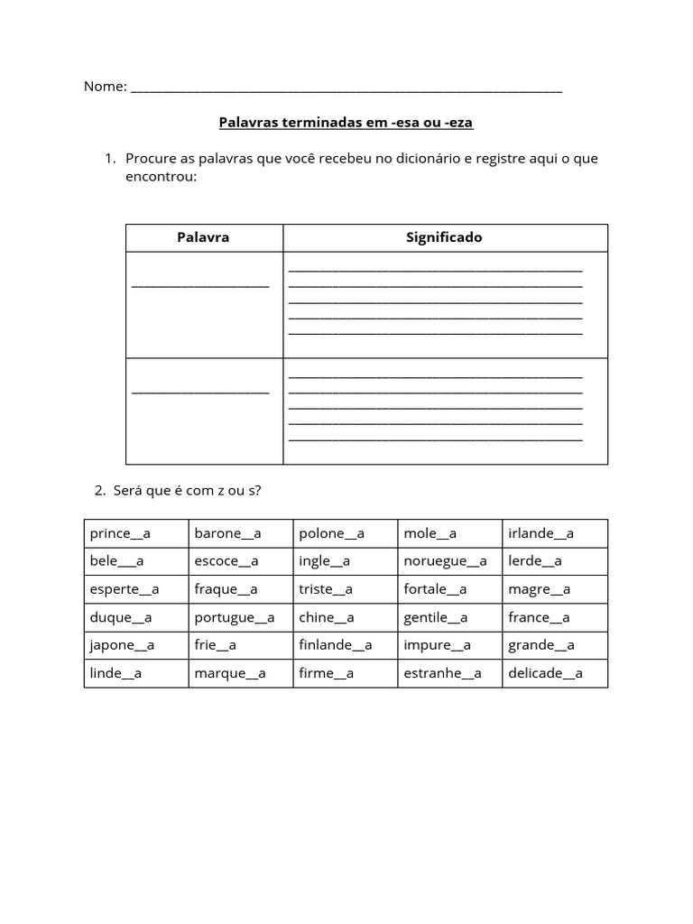 Atividades com Sufixos -esa e -eza | PDF | Idiomas | Estudos de Línguas ...