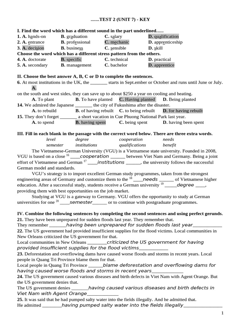 Test 2 Key for Unit 7 | PDF | Distance Education | General Educational ...