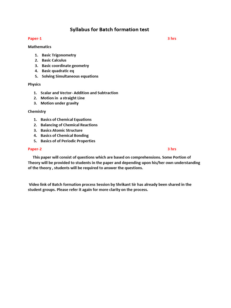 Syllabus of Batch Formation Test-2 | PDF