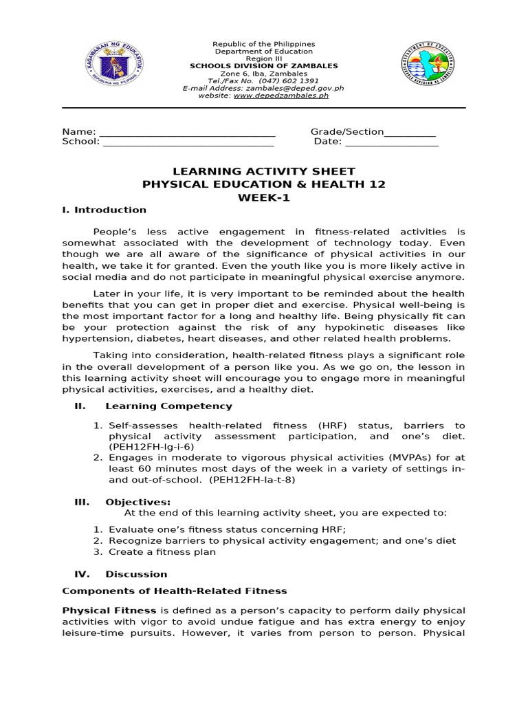 Physical Education & Health 12 Activity Sheet | PDF | Physical Fitness ...