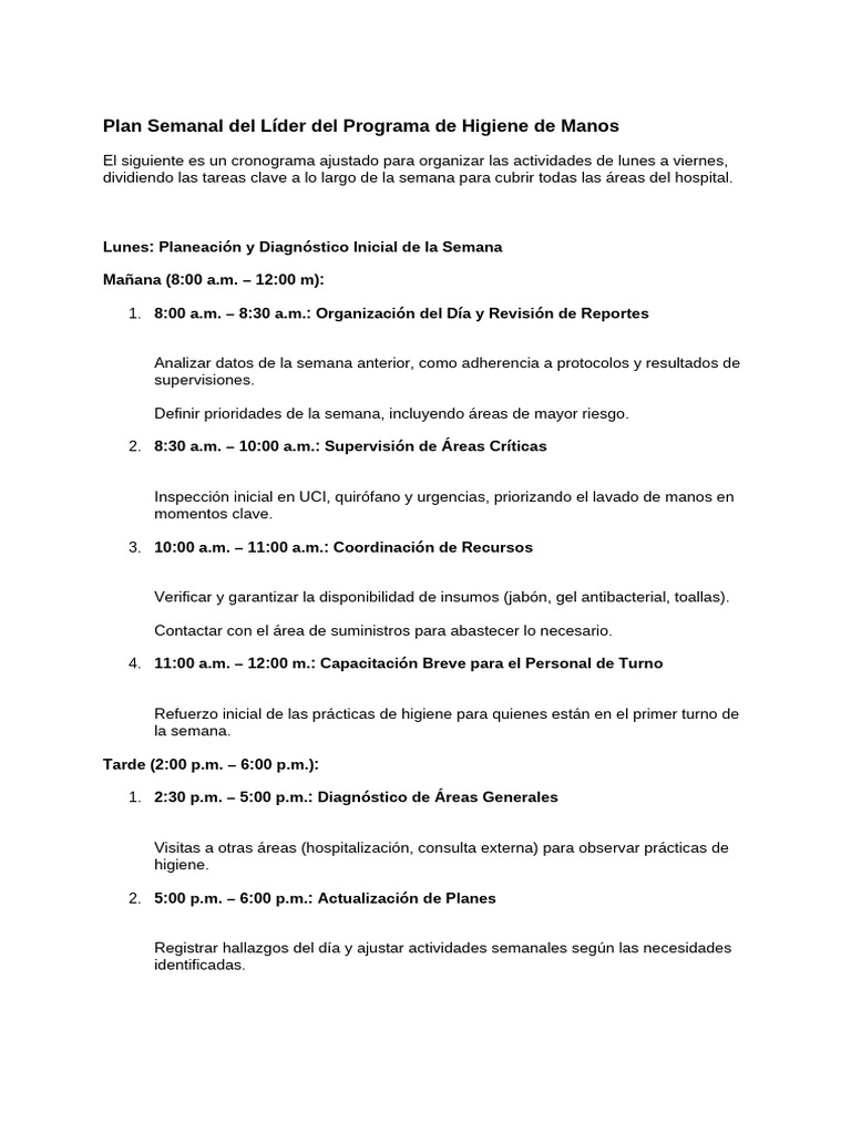 Plan Semanal Del Líder Del Programa de Higiene de Manos | PDF | Lavado ...
