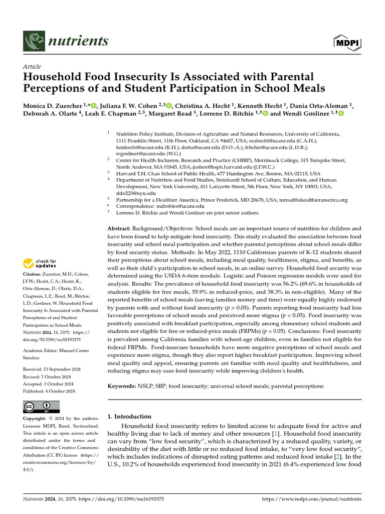 Household Food Insecurity Is Associated With Paren | PDF | Lunch ...