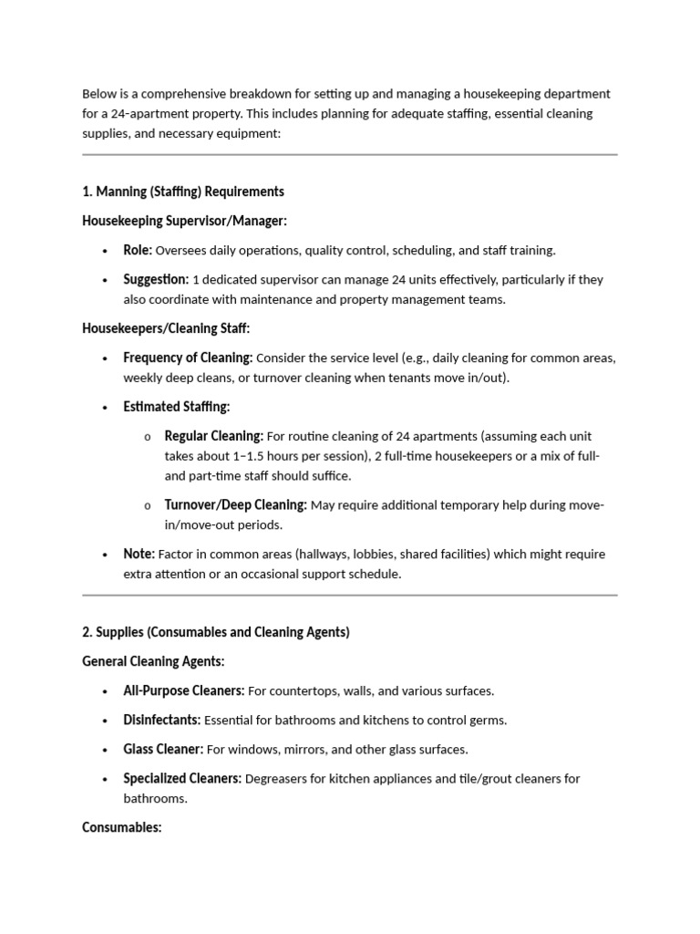 Setting Up and Managing A Housekeeping Department For A 24 | PDF ...