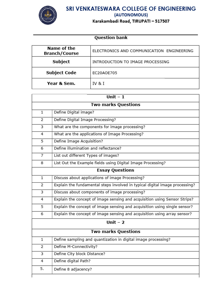Image Processing Question Bank Guide | PDF | Contrast (Vision) | Data ...