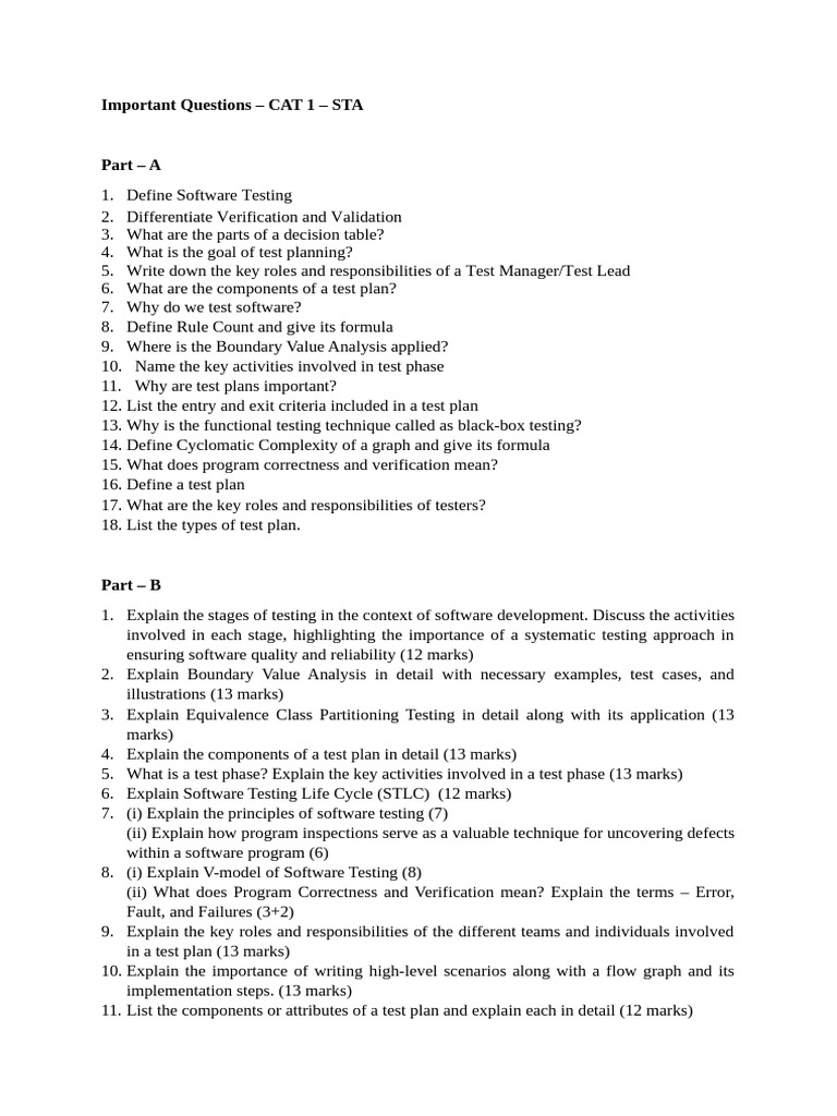 STA - Important Questions - CAT 1 | PDF | Software Testing | Systems ...