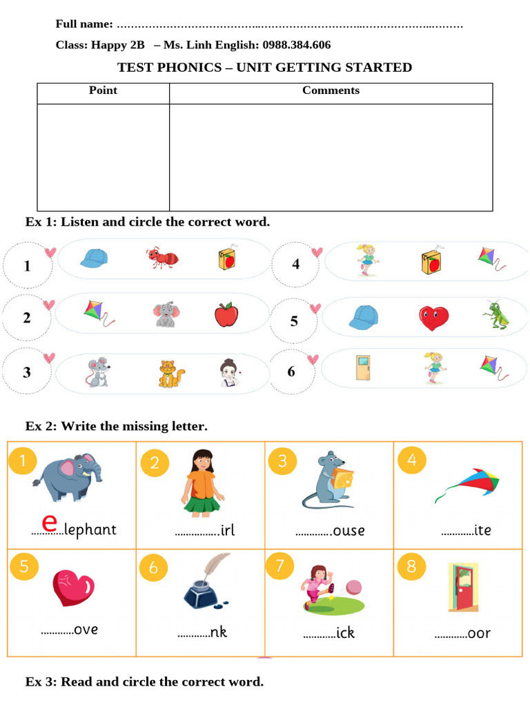 HAPPY 2B - PHIẾU TEST PHONICS UNIT Getting Started | PDF