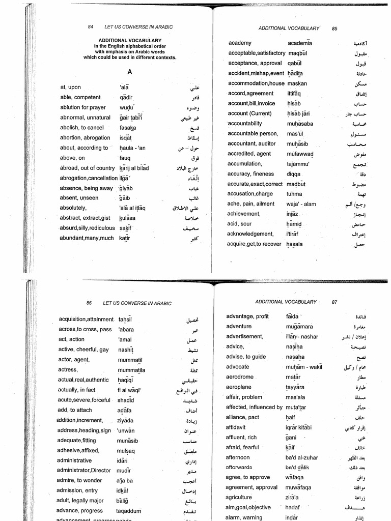 English Arabic Words Meaning English Arabic Words Meaning
