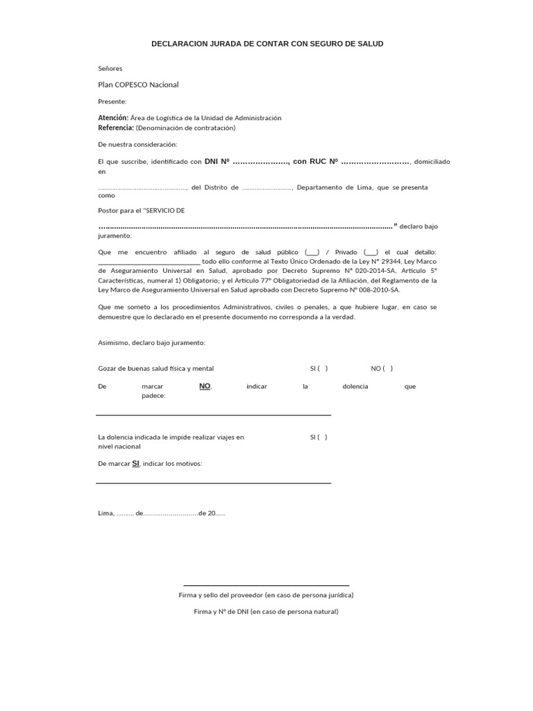 Anexo N°07 Declaracion Jurada de Contar Con Seguro de Salud | PDF