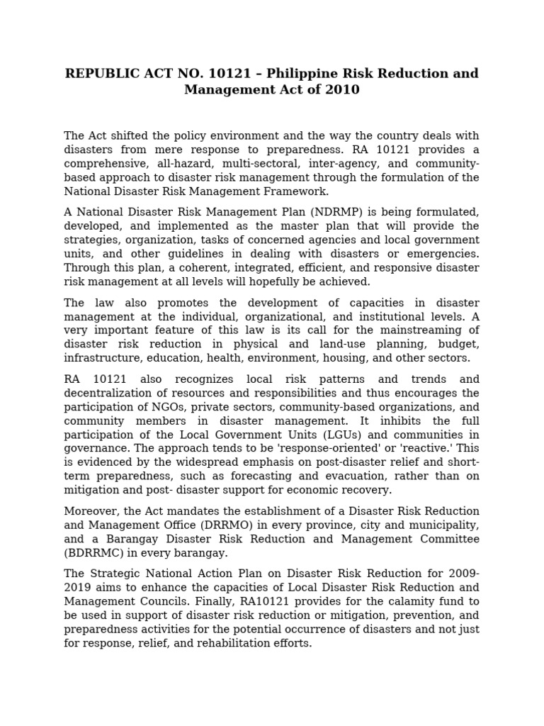 RA 10121: Philippine Disaster Management Act | PDF | Disaster Risk ...