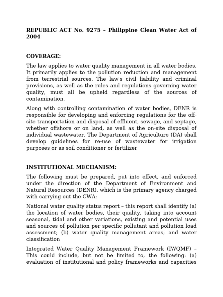 Philippine Clean Water Act Overview | PDF | Water Pollution | Water Quality