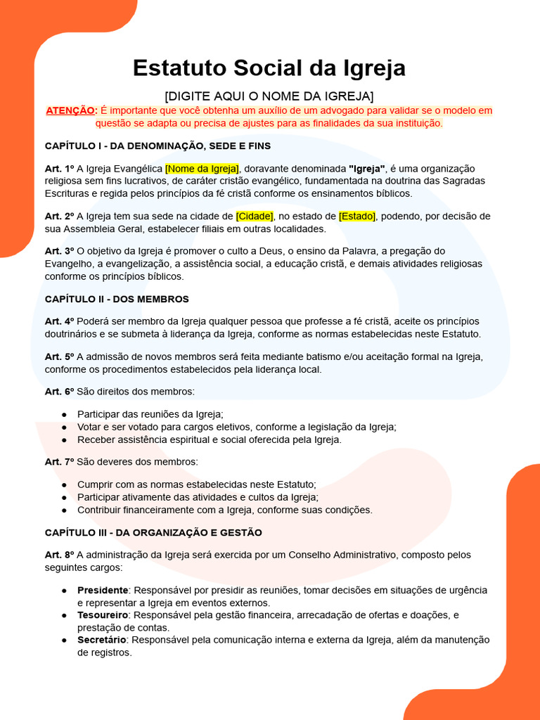 Estatuto Social da Igreja Evangélica | PDF | Igreja cristã | Evangelismo