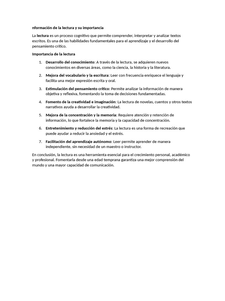 Importancia de la Lectura en el Aprendizaje | PDF
