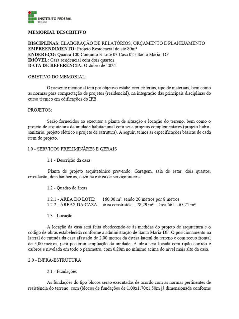 Memorial Descritivo de Projeto Residencial | PDF | Argamassa (alvenaria ...