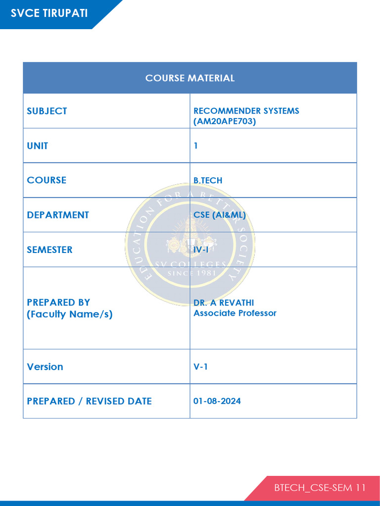 Recommender Systems Course Material Pdf Computing Information Science