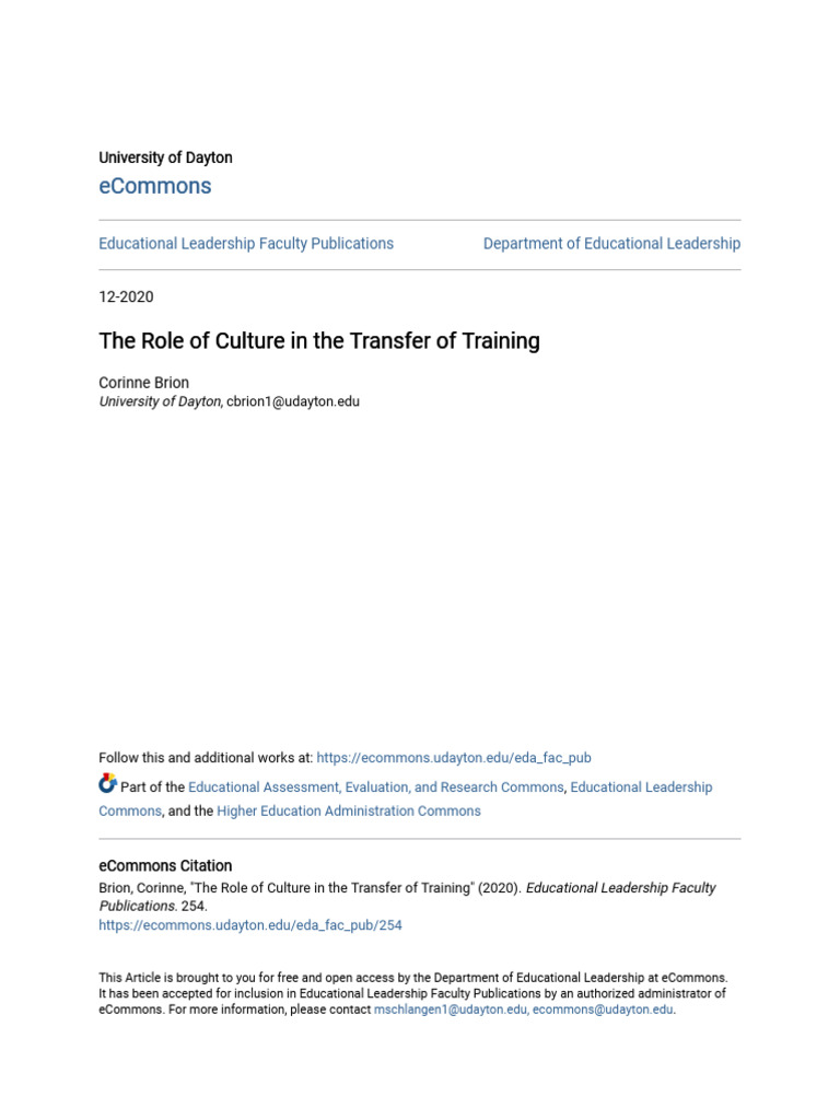 The Role of Culture in The Transfer of Training | PDF | Learning | Self ...