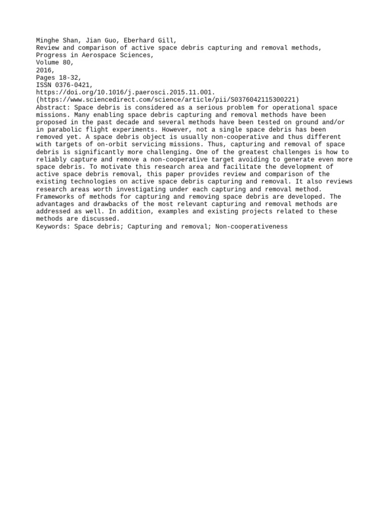 Active Methods for Space Debris Removal | PDF