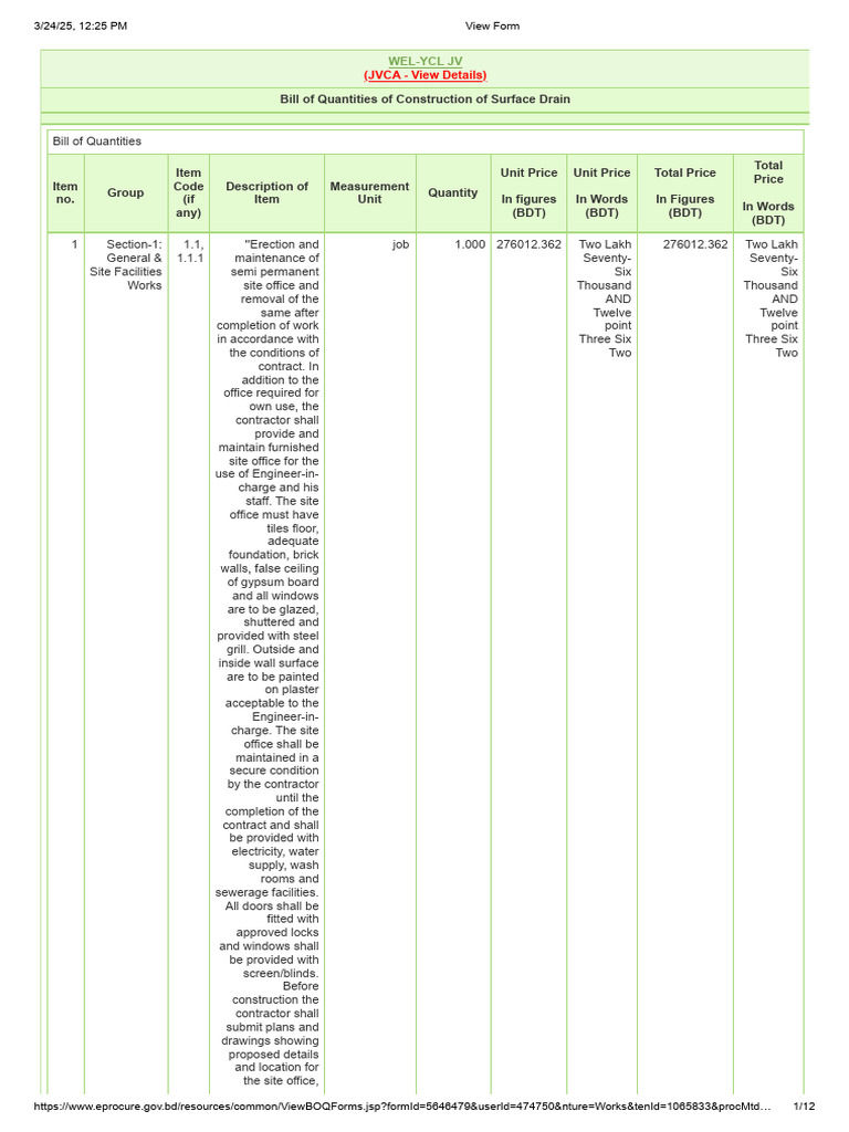 Bill of Quantities for Drainage Works | PDF | Concrete | Civil Engineering