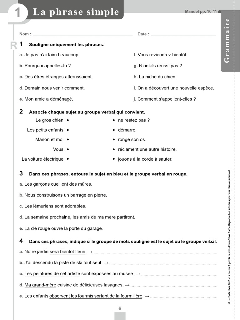 Exercice sur la phrase simple CM2 | PDF