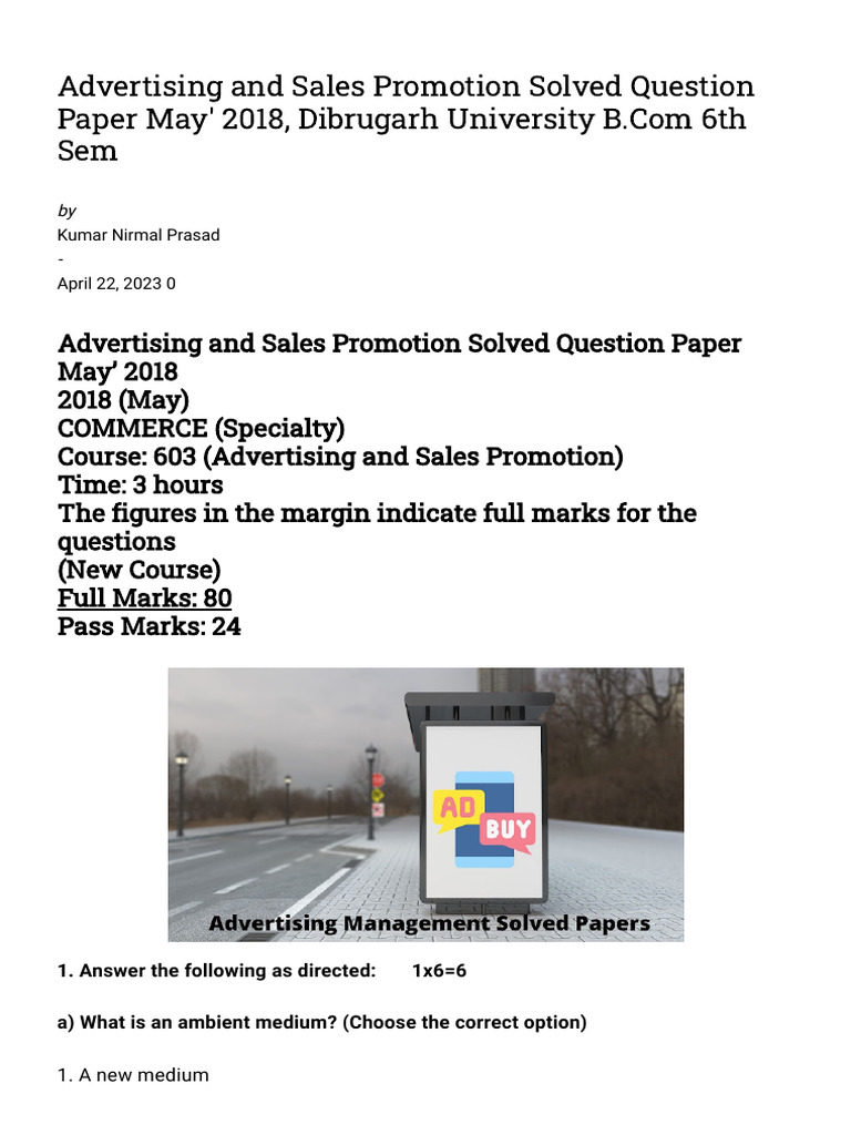 Advertising and Sales Promotion Exam 2018 | PDF | Advertising | Mass Media