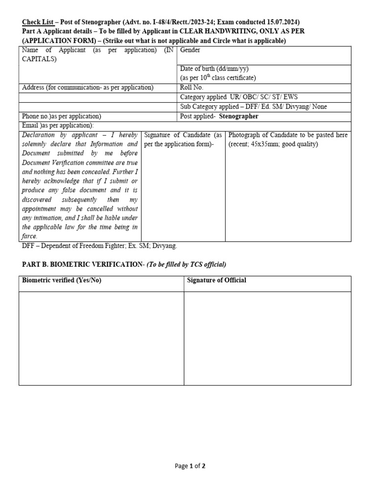 Stenographer Document Verification Checklist | PDF