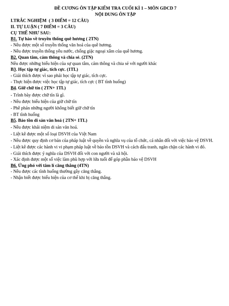 ĐỀ CƯƠNG ÔN TẬP CK I - GDCD 7 - IN | PDF