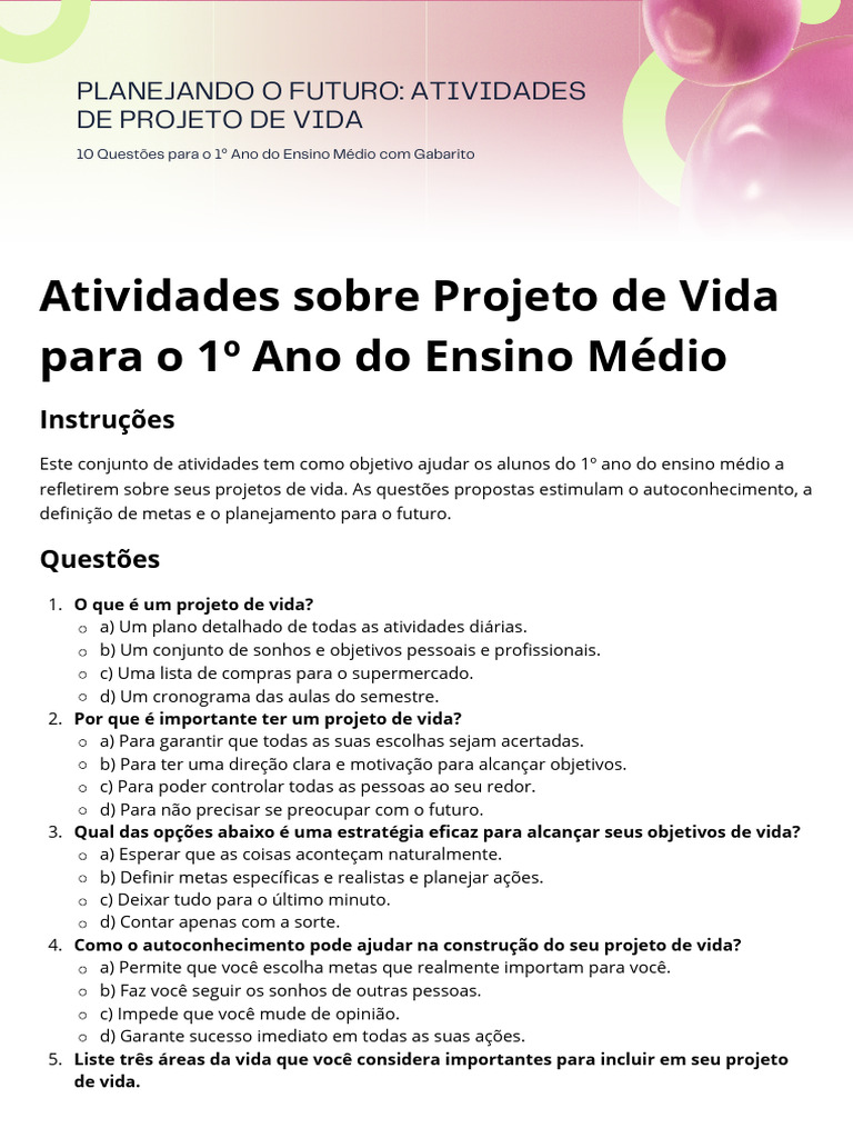 Atividades de Projeto de Vida para 1º Ano | PDF