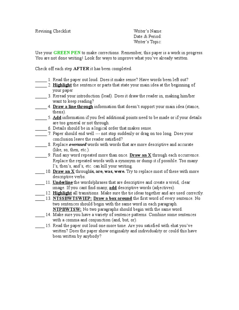 Editing and revising checklist pdf picture