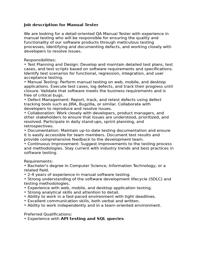 Manual Tester Job Description | PDF