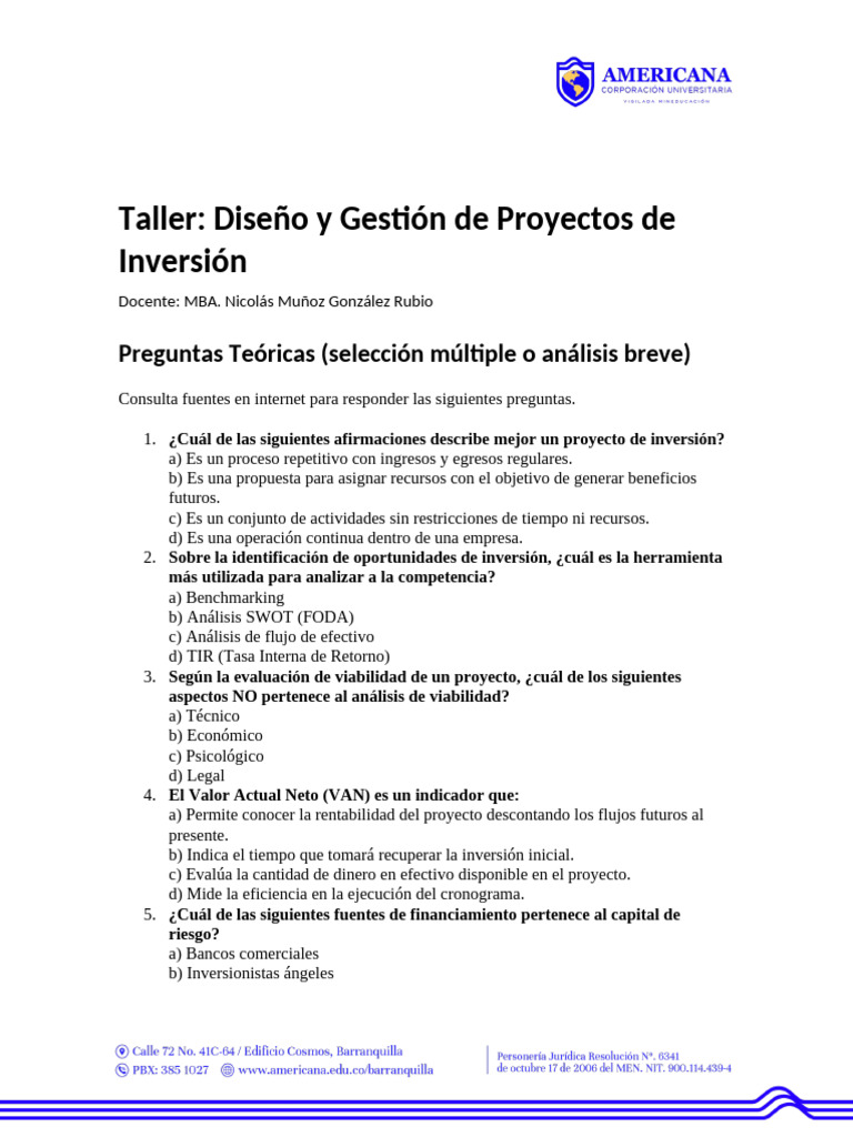 Taller de Proyectos de Inversión y Gestión | PDF | Análisis FODA | Tasa ...