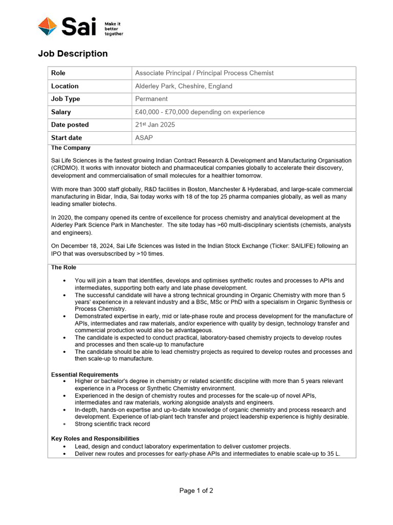 Associate Principal Principal Process Chemist PRD | PDF | Chemistry ...