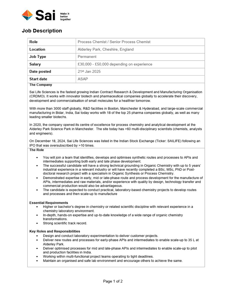 Stunning Process Chemist Job Description image