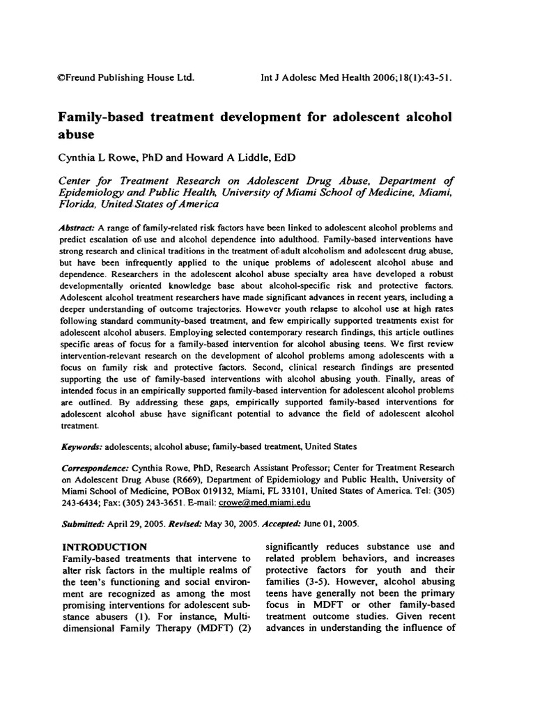 Family based treatment for adolescents PDF Substance Abuse