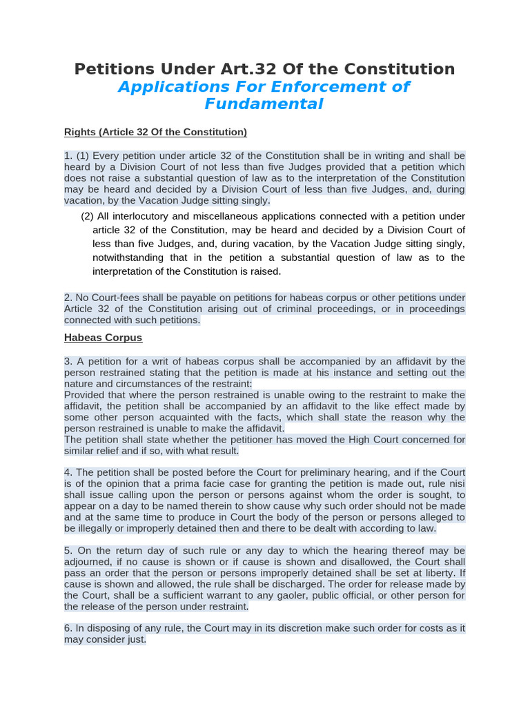 Article 32 Petitions for Fundamental Rights | PDF | Brief (Law ...