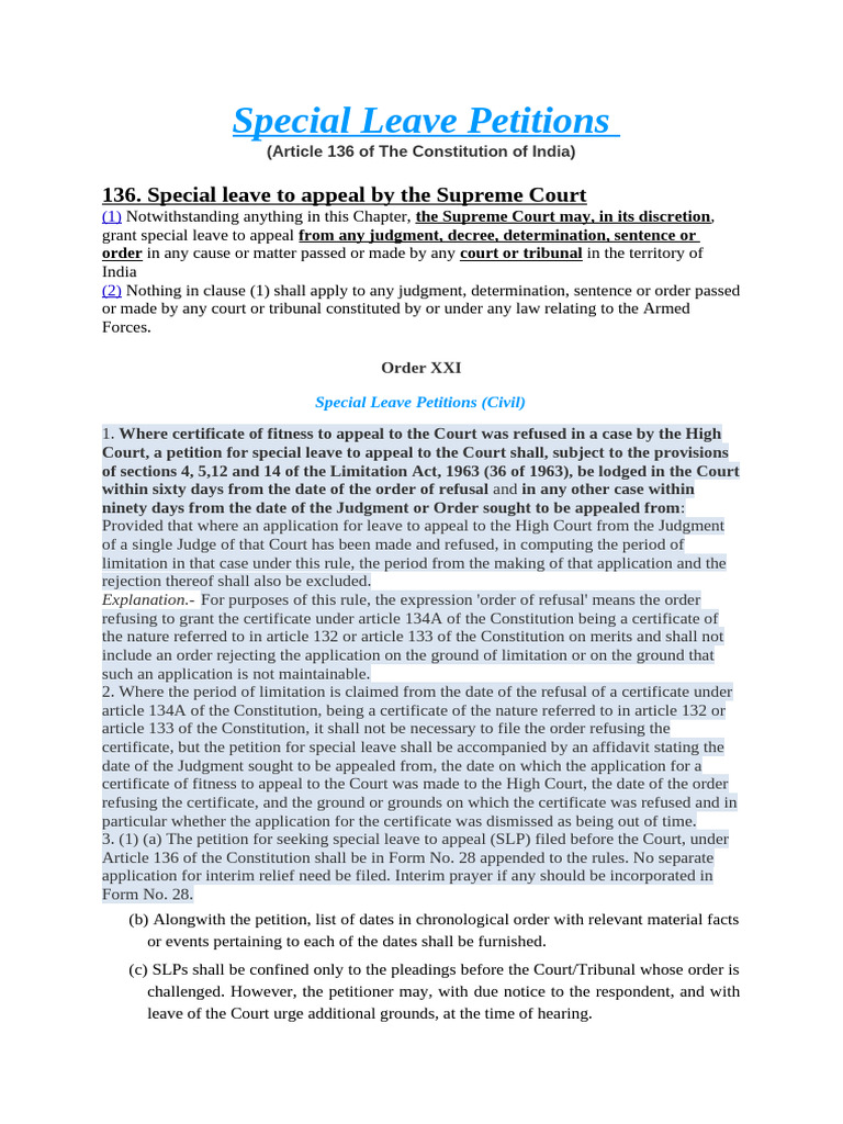 Special Leave Petitions in India | PDF | Affidavit | Judgment (Law)