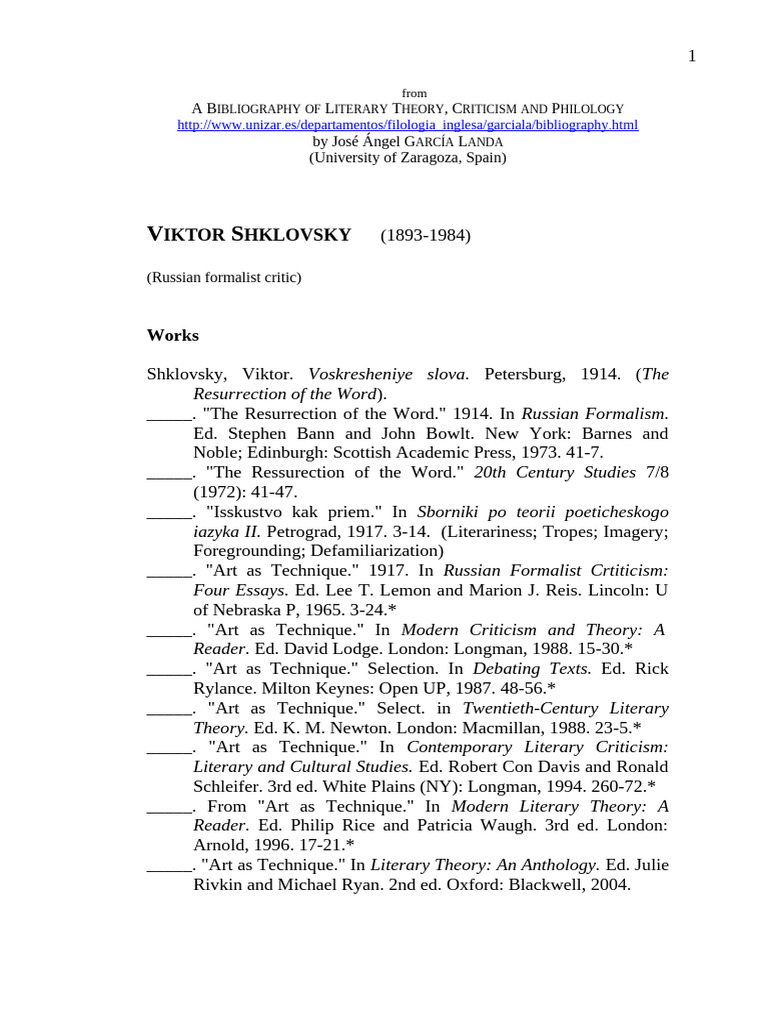 Viktor Shklovsky: Key Works and Criticism | PDF | Literature About ...