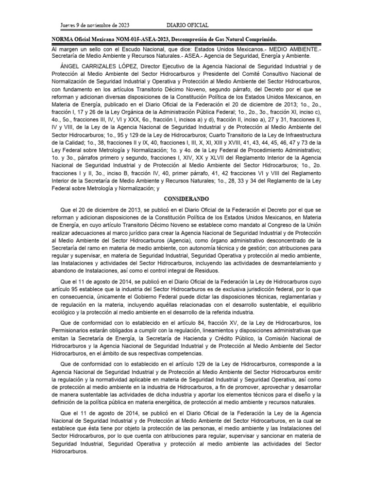 Norma NOM-015-ASEA-2023 sobre Gas Natural | PDF | México | Regulación