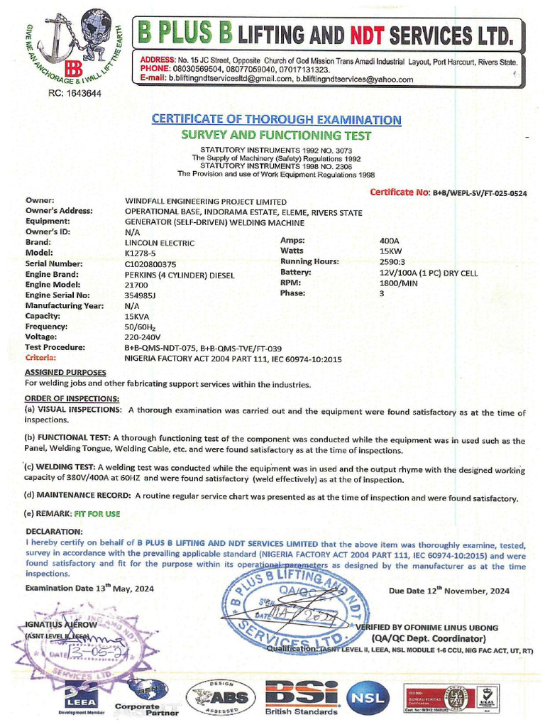 Cert of Thorough Examination | PDF