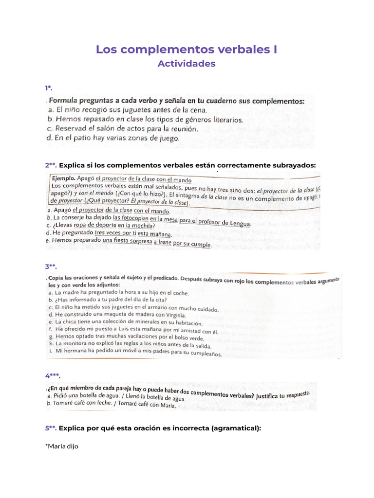 Ejercicios de Complementos Verbales | PDF
