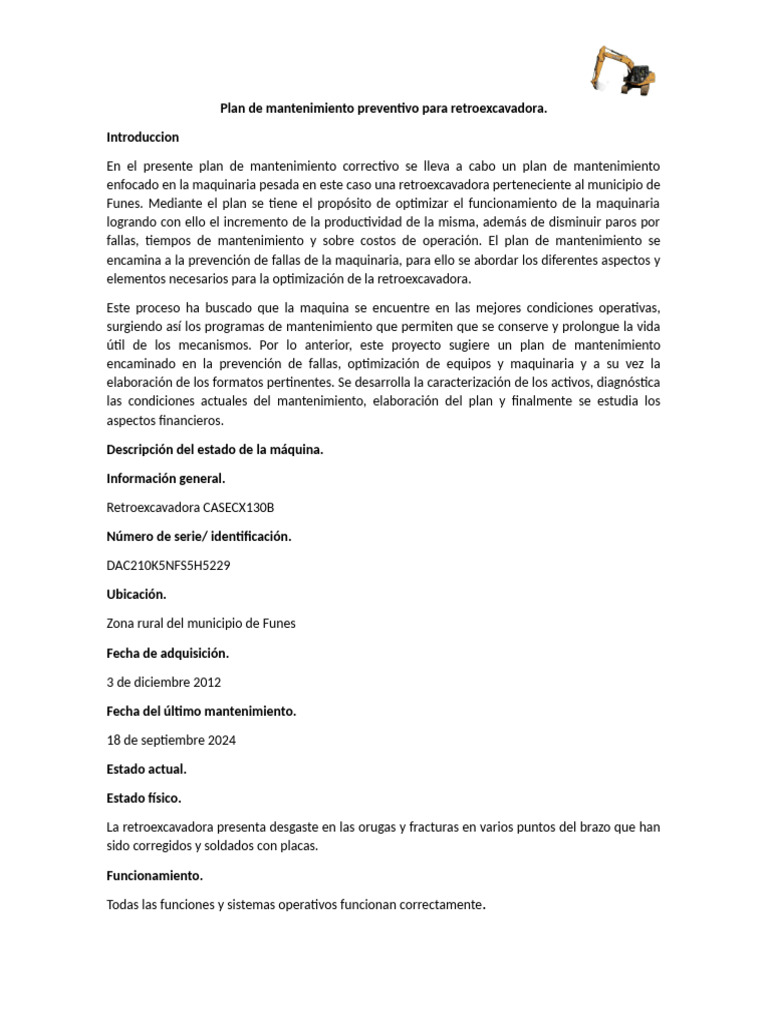 Plan de mantenimiento preventivo para retroexcavadora | PDF