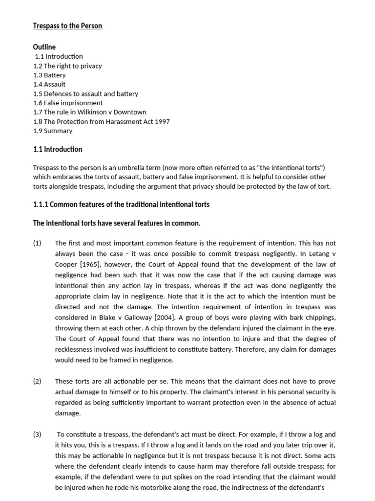Justification of Trespass Torts | PDF | Assault | Tort