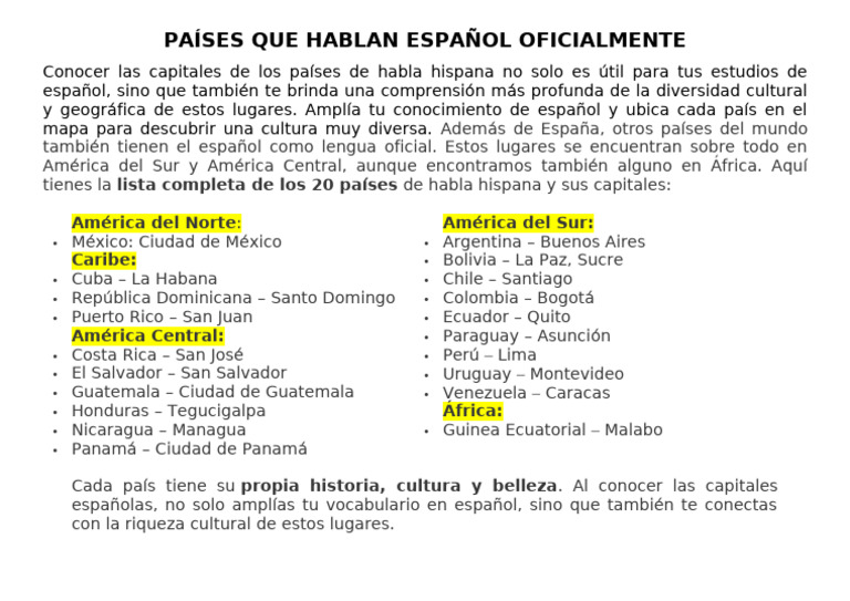 Países de Habla Hispana y Capitales | PDF