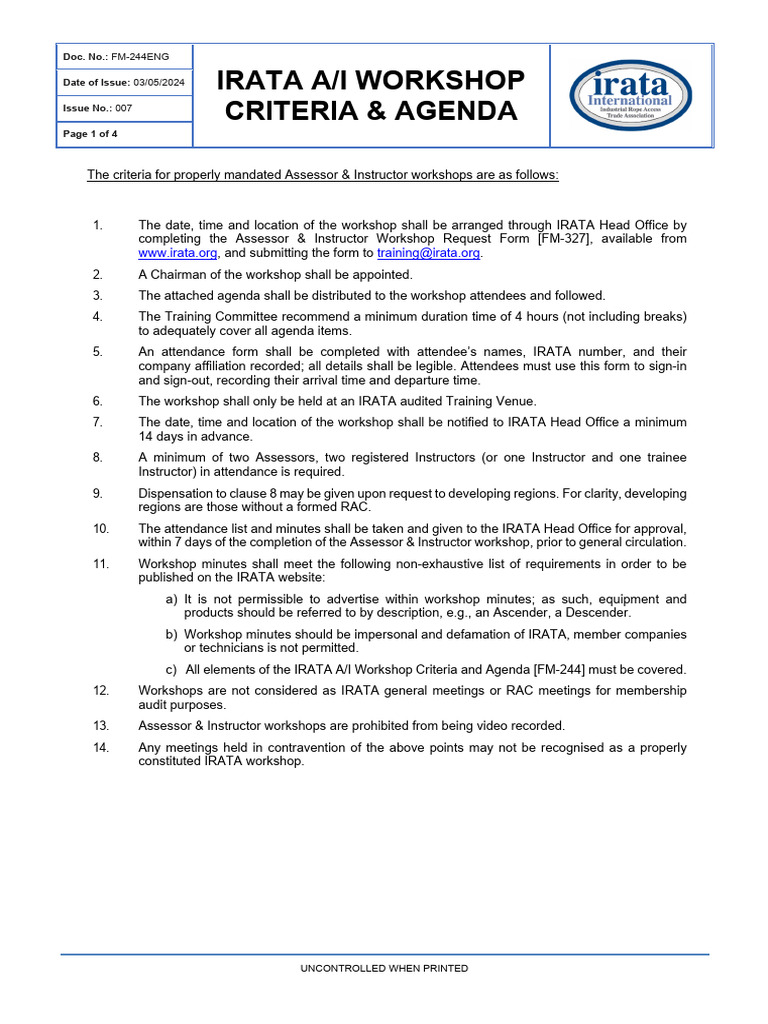 IRATA A/I Workshop Criteria 2024 | PDF | Risk | Risk Assessment